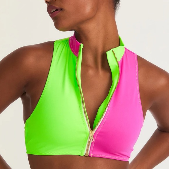 LoveShackFancy Other - LoveShackFancy x Hurley High Neck Colorblock Bikini Top Lime Magenta